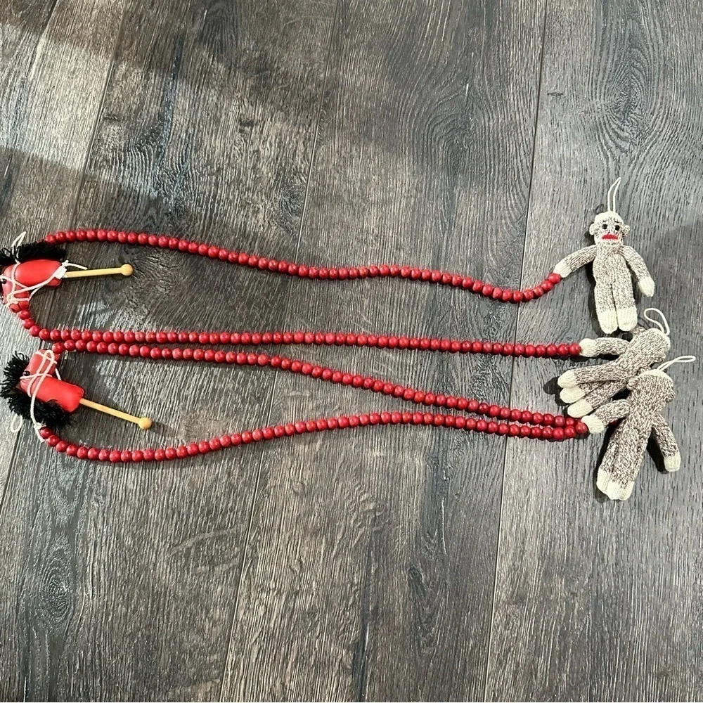 Sock Monkey beaded Christmas garland decor red holiday stick horse